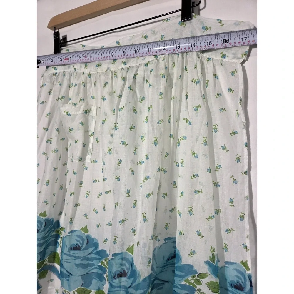 Vintage Floral Half Apron Womens OS White Blue Rose Border Print Cotton Gauze‎